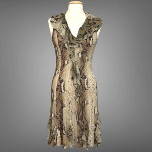 VTG Y2K Sao Paulo Women Dress 4 Beige Snake Reptile Ruffle Drape Mob Wife Retro
